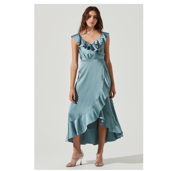 NWT ASTR THE LABEL WILSHIRE RUFFLE OPEN BACK MIDI DRESS SILVER SAGE - Picture 2 of 12